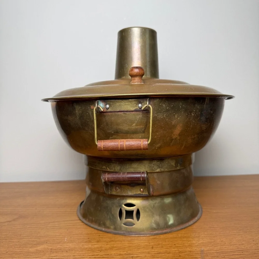 Vintage Tibetan Brass Hot Pot Stove Wooden Handles Fondue Soup‎ Warmer Steamer